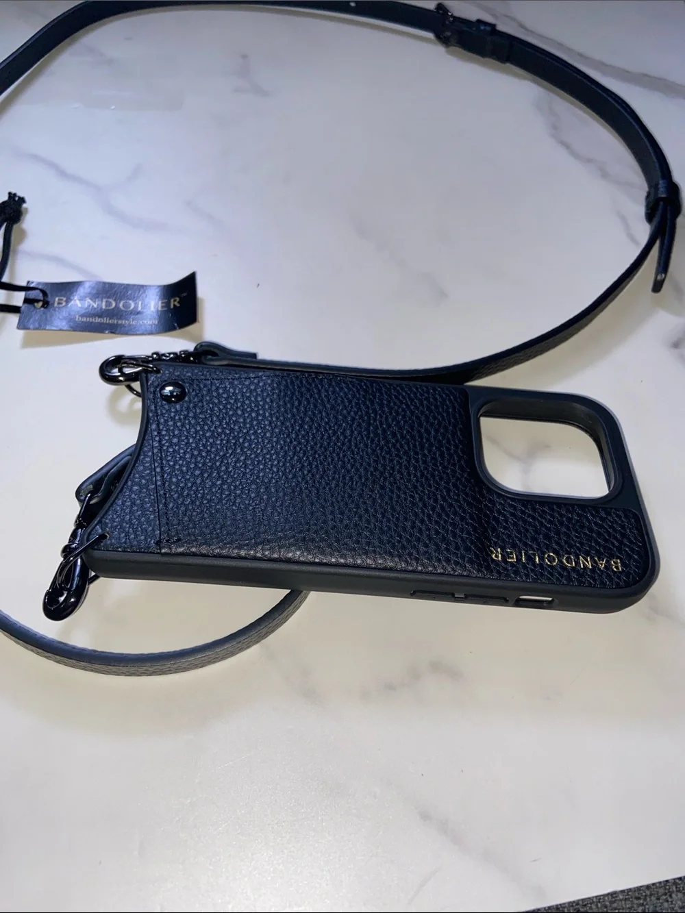 Bandolier Black Leather Crossbody Phone 14 Pro Case with Adjustable Strap